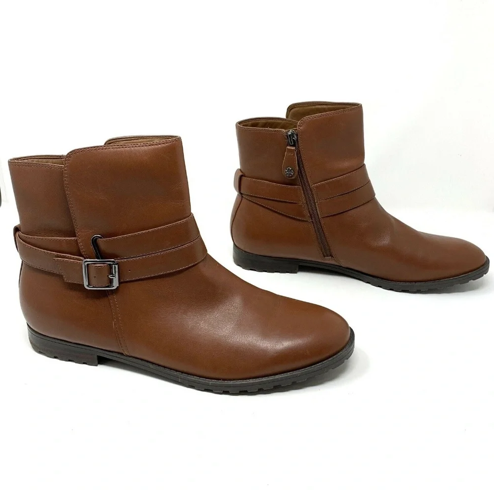 Isaac Mizrahi Live Quik Ankle Boots Size 12M Brown Leather Wrap Buckle Strap